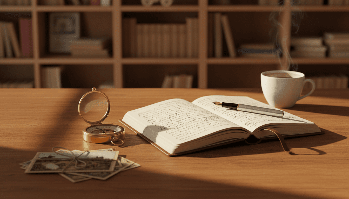 Luxury travel planning journal with handwritten itinerary and vintage compass on wooden desk