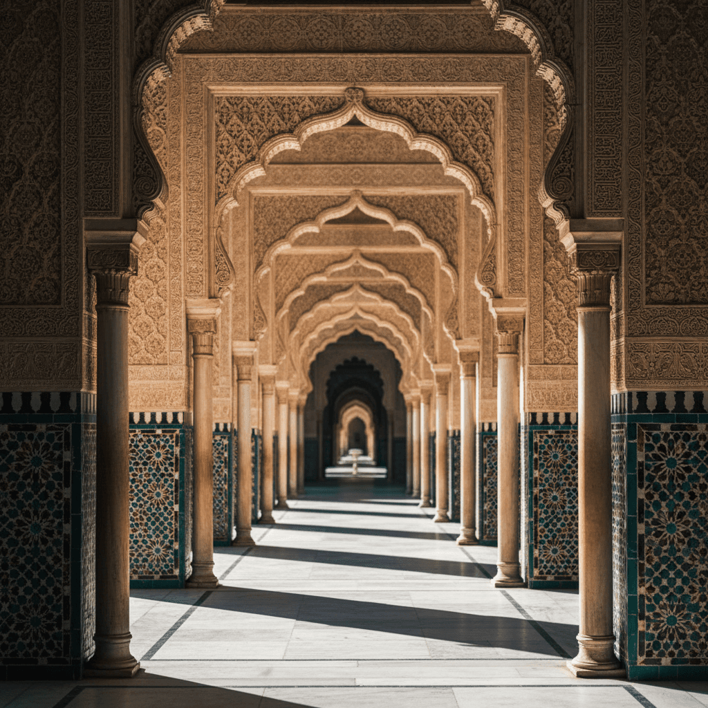 Historic palace corridor with ornate marble and arched architecture