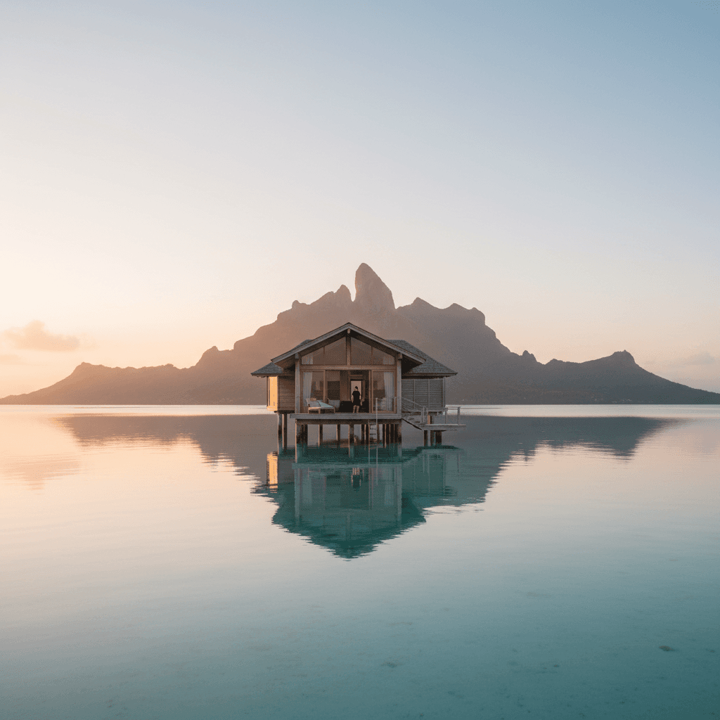 Overwater bungalow at sunrise with mountain backdrop