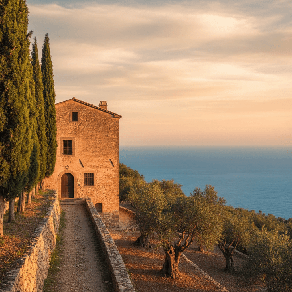 Mediterranean coastal villa with terrace overlooking the sea