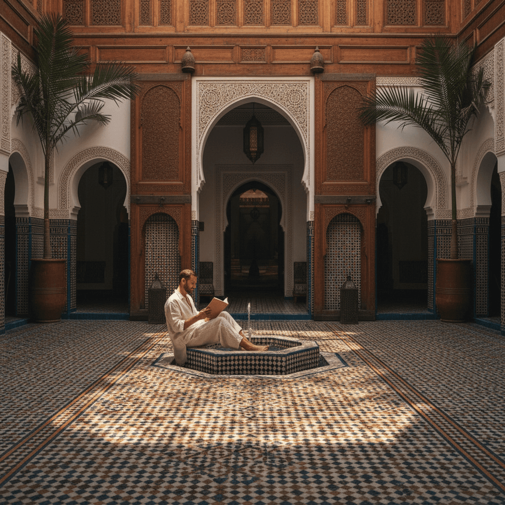 Moroccan riad courtyard with traveler at fountain