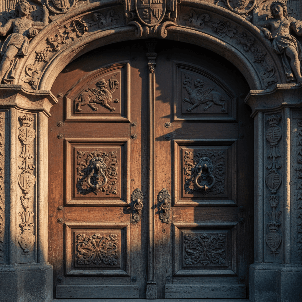 Historic European palace ornate wooden doors