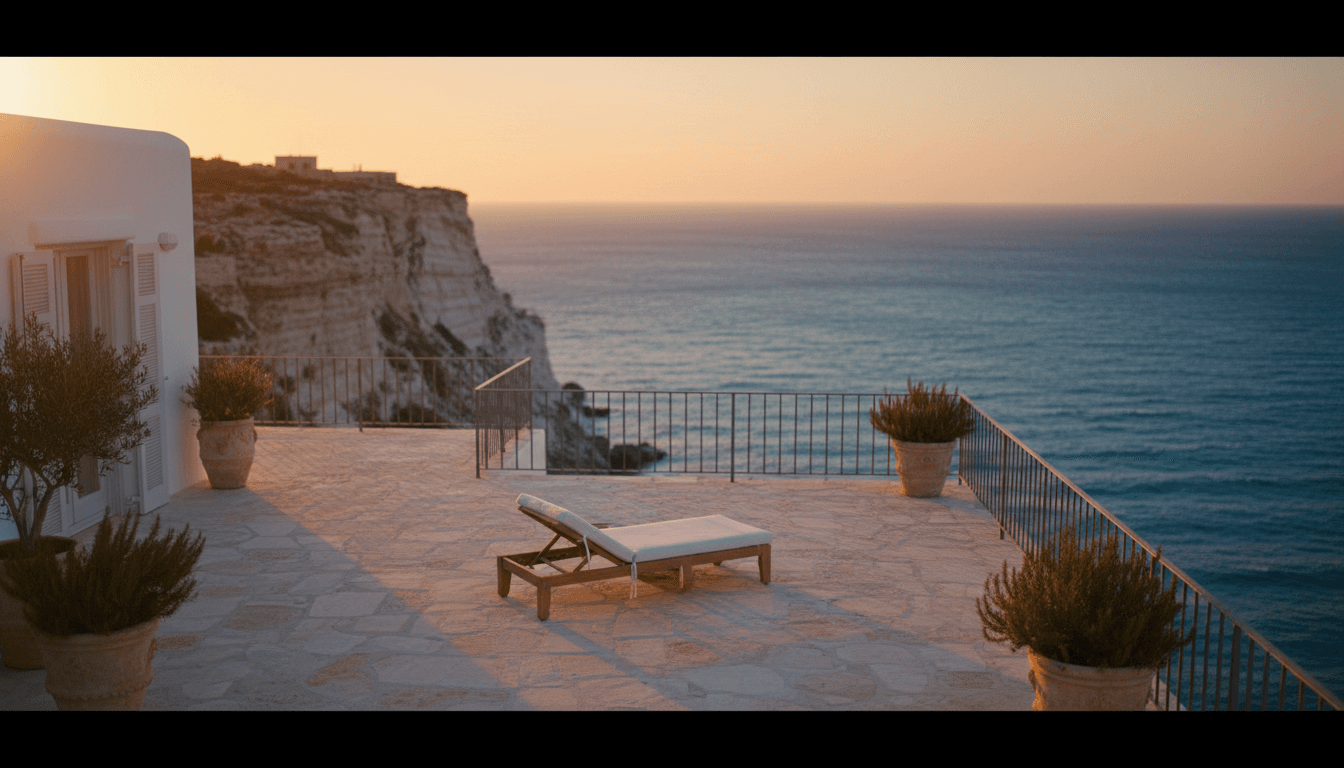 Luxury Mediterranean villa overlooking turquoise coastline at golden hour