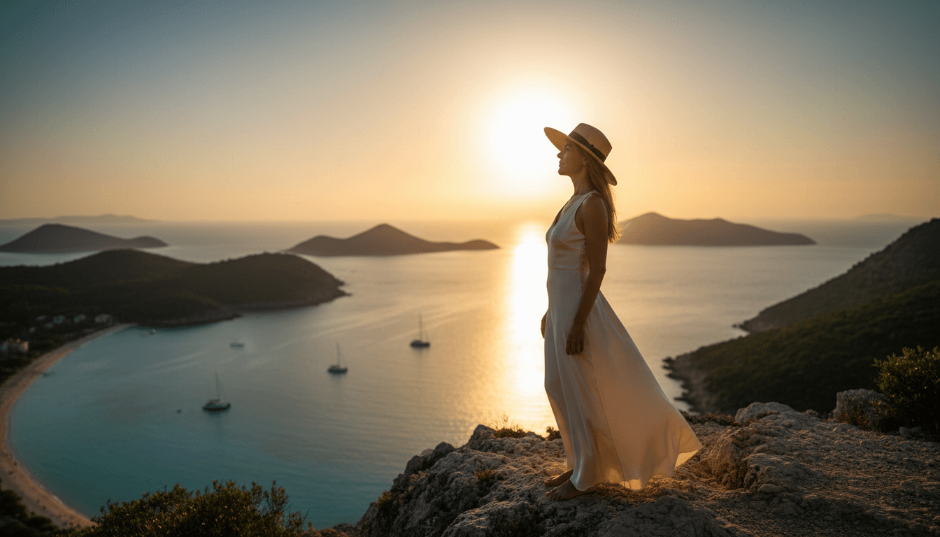 Elegant traveler overlooking a serene coastline at sunset, embodying luxury travel and wanderlust