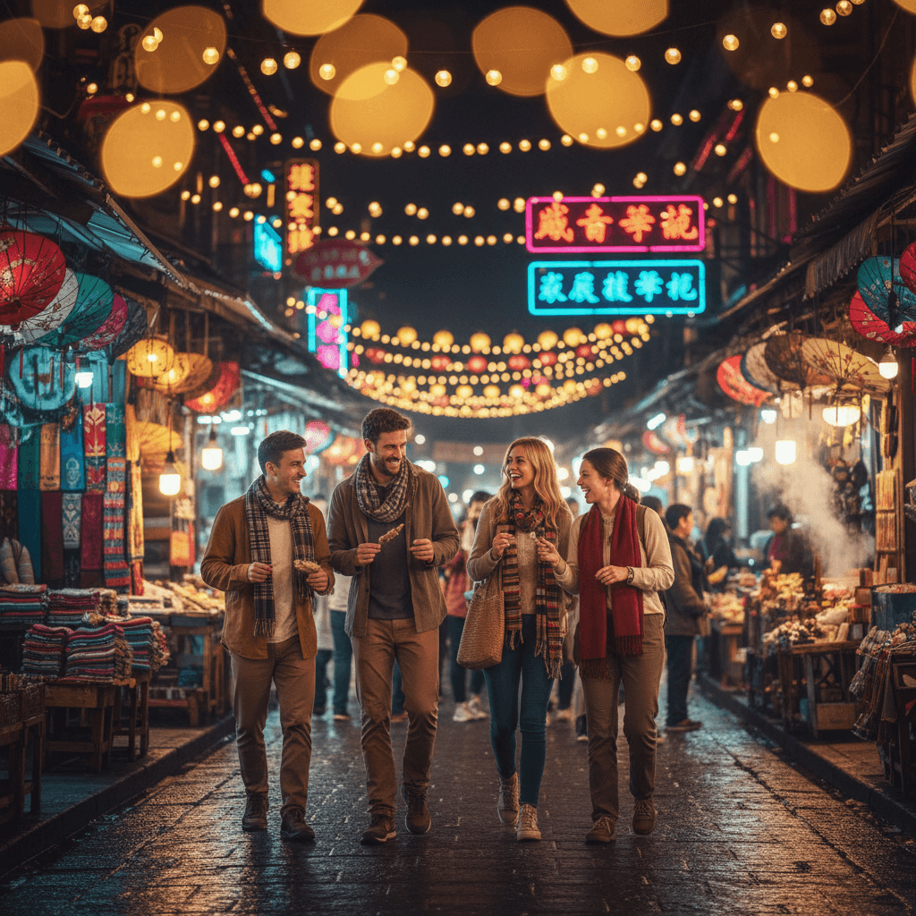Travelers exploring vibrant Asian night market