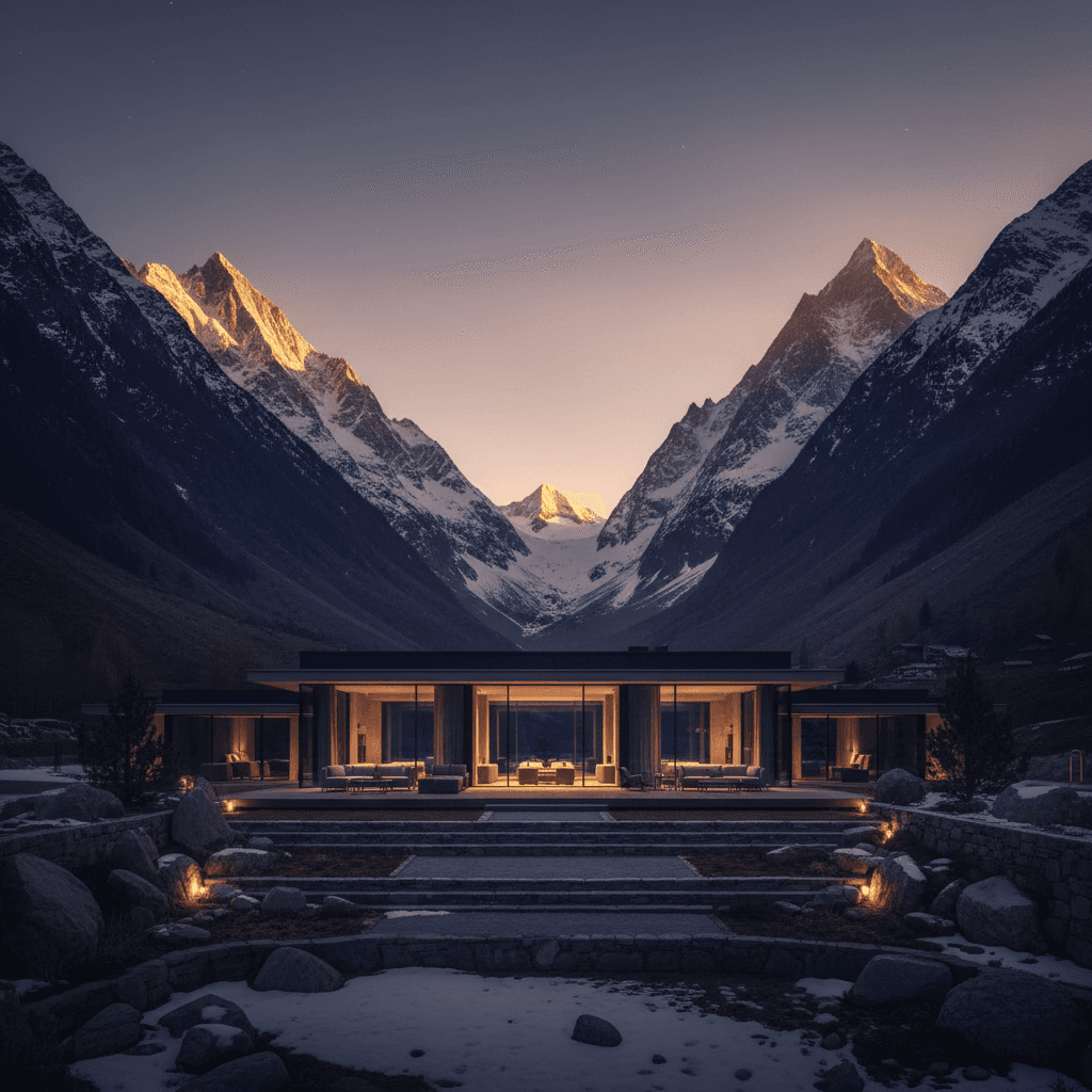 Modern alpine lodge framed by snow-capped mountain peaks