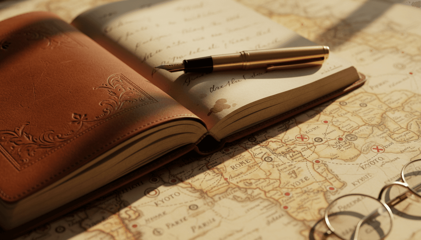 Vintage travel journal and map with handwritten notes and fountain pen