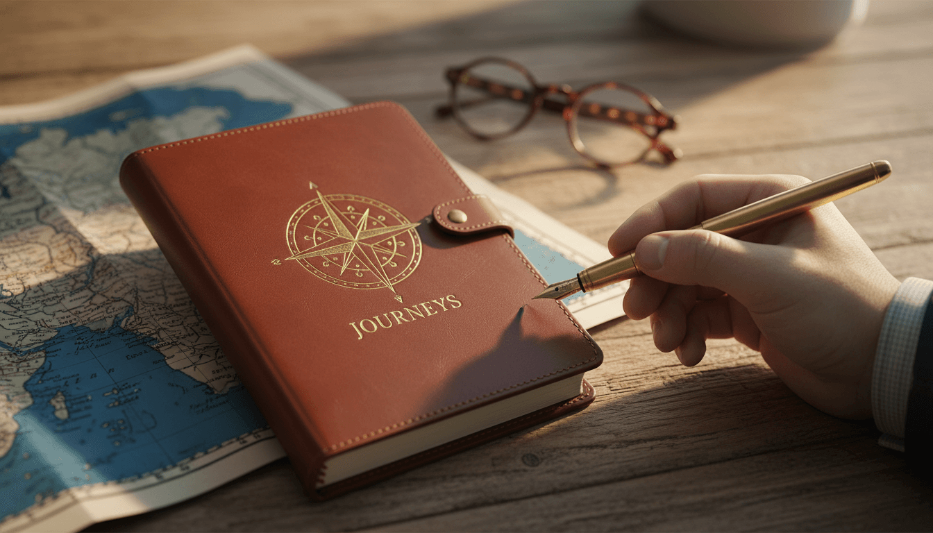 Luxury travel journal and pen on wooden table with maps
