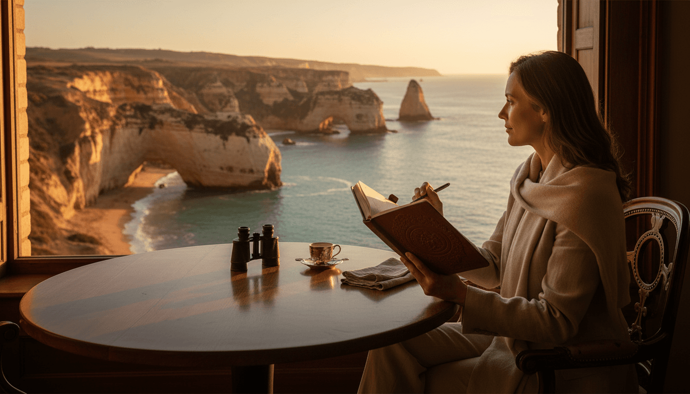 Discerning traveler at a window table overlooking a coastal vista at golden hour