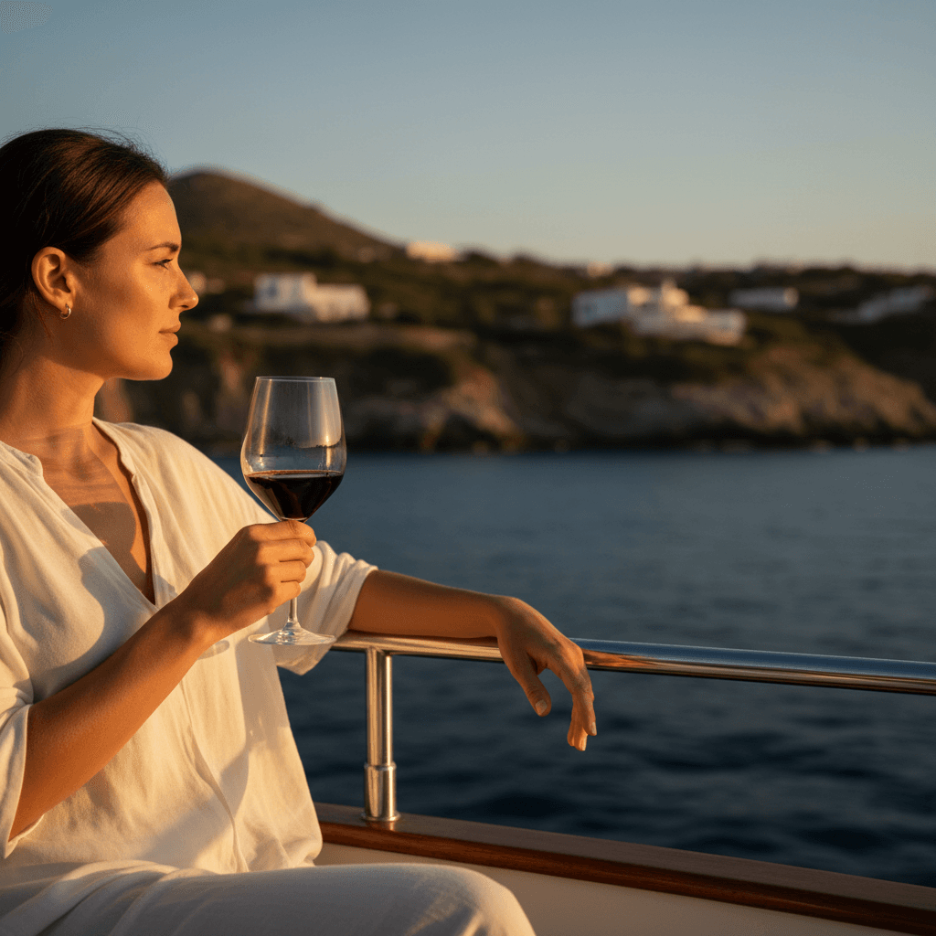 Luxury yacht deck with guest enjoying Mediterranean views