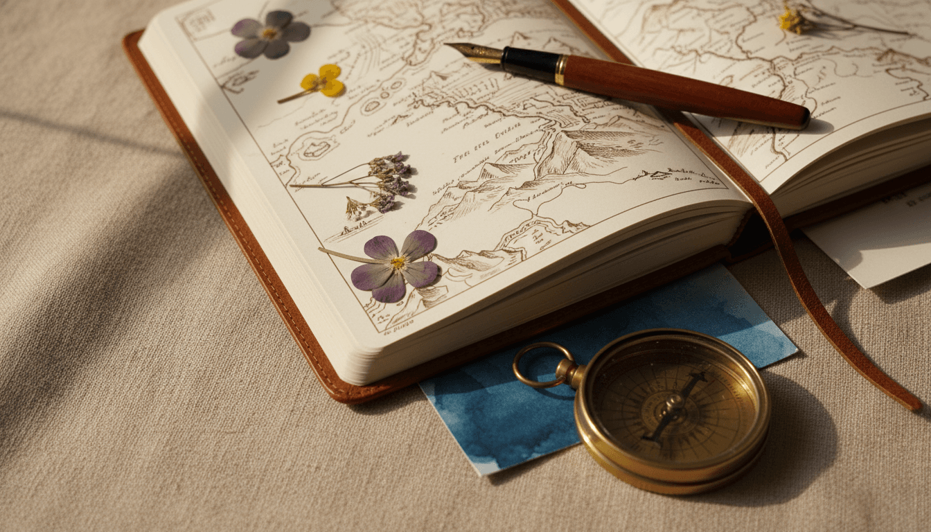 Luxury travel journal with compass and travel planning details