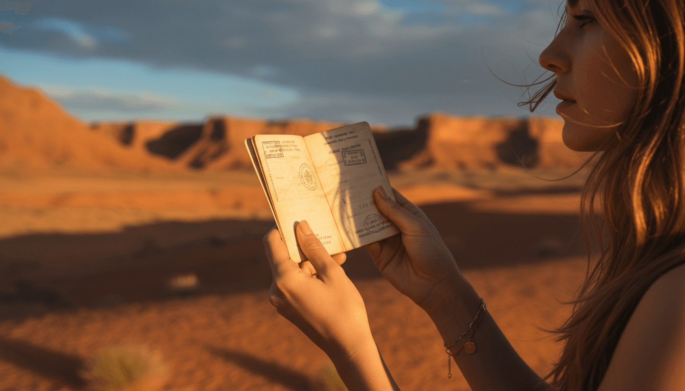 Woman holding open passport with desert landscape and golden hour light