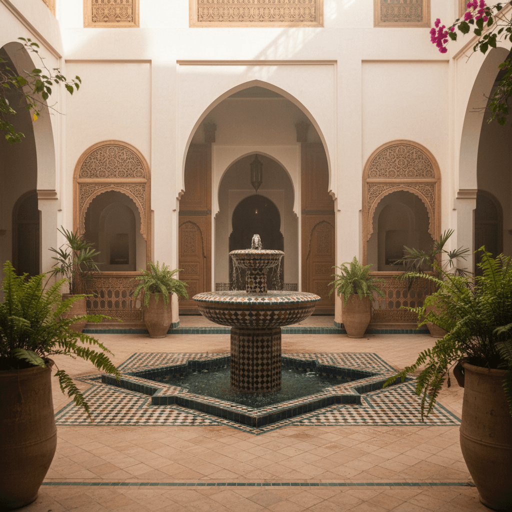 Luxury riad courtyard with traditional tilework and central fountain