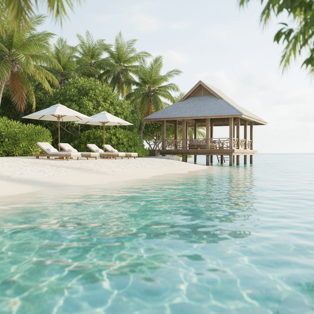 Private island resort with teak pavilions and pristine white sand beach