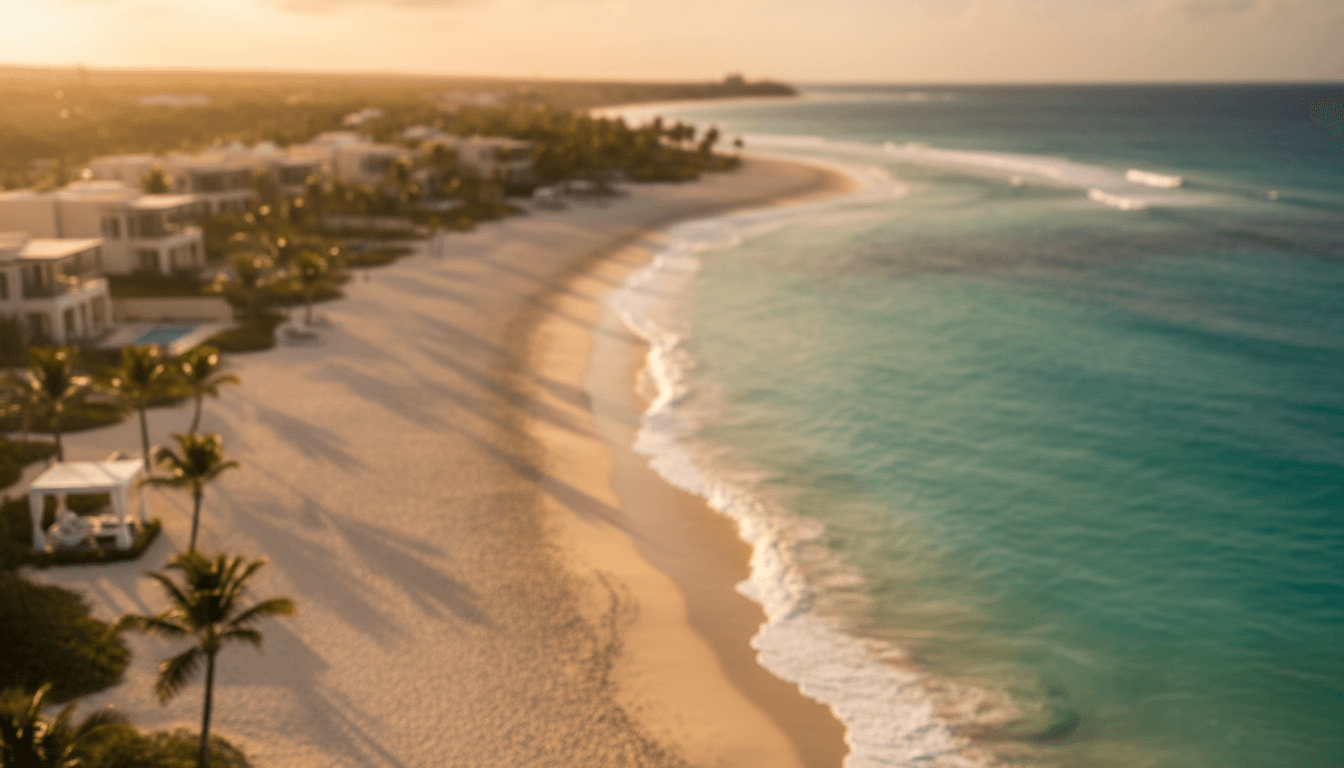 Luxury tropical resort with turquoise water and white sand beach at sunset